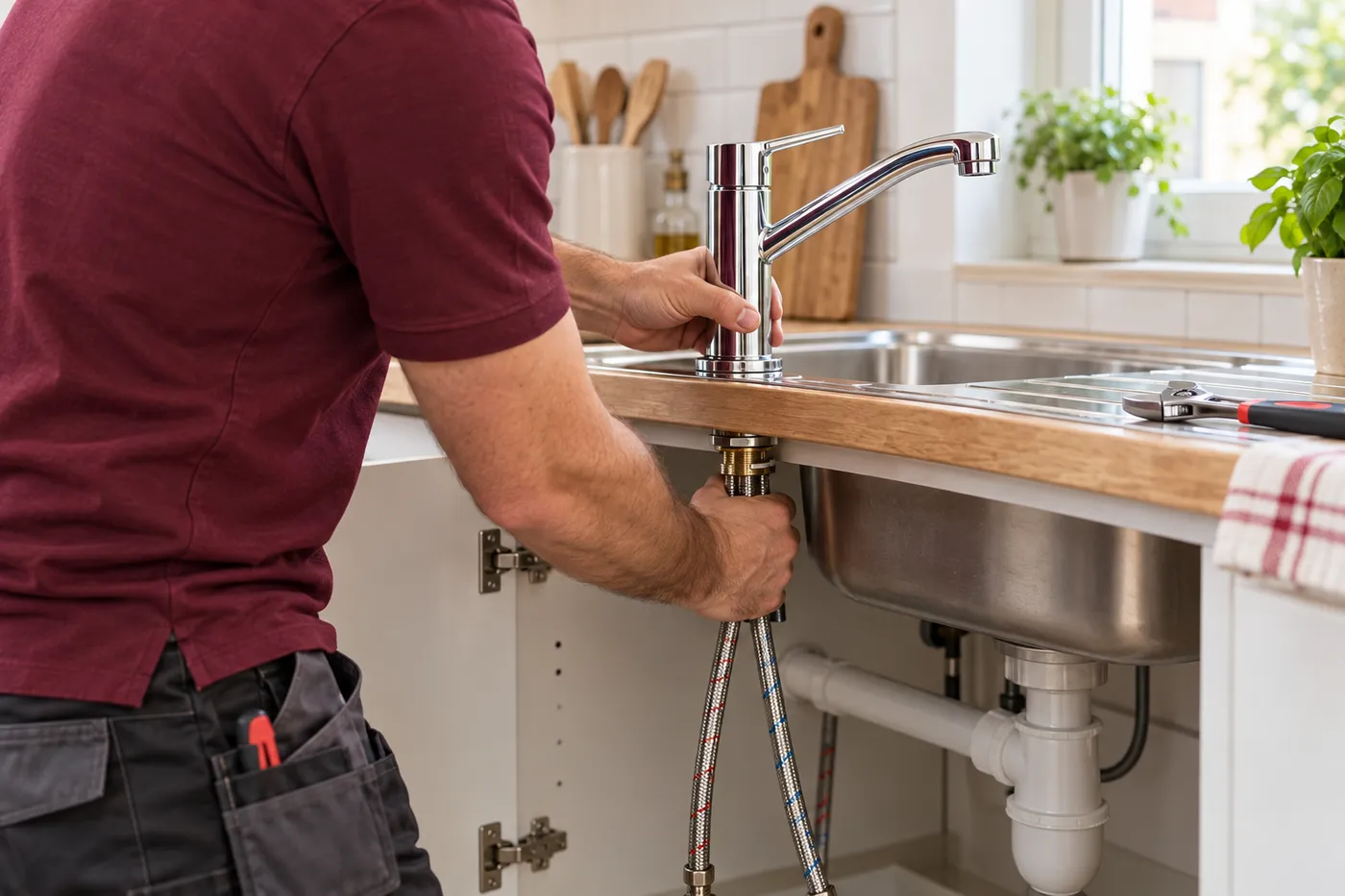 Pose d'un mitigeur de cuisine sur un évier en inox par un plombier
